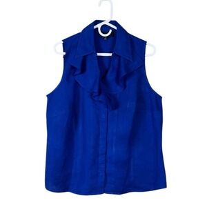 Jones NY 100% Linen Button Up Top Blouse Size 1X Beach Coastal Lagom Cobalt Blue